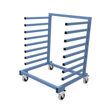 Single sided mobile cantilever trolley in blue with multiple horizontal steel rods on a set of castor wheels.